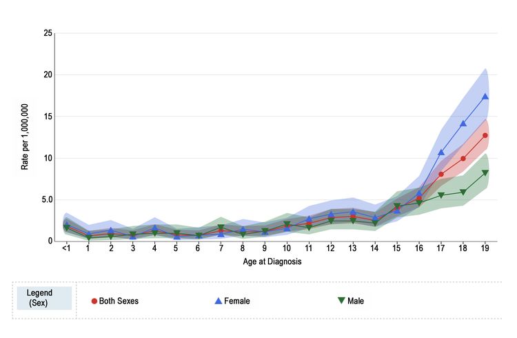 Graph showing the incidence rates of melanoma from 2016 to 2020, according to age at diagnosis. The incidence rates in males, females, and both sexes are shown. Graph showing the incidence rates of melanoma from 2016 to 2020, according to age at diagnosis. The incidence rates in males, females, and both sexes are shown.